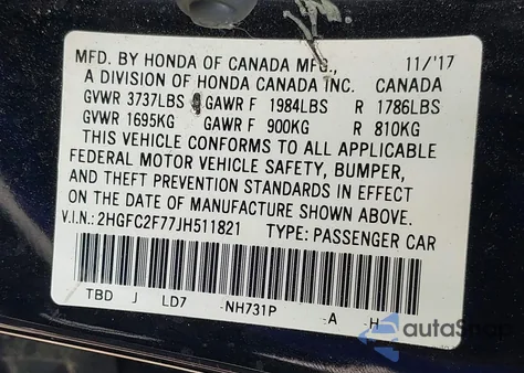 2018 Honda Civic Ex from USA, damaged, VIN 2HGFC2F77JH511821